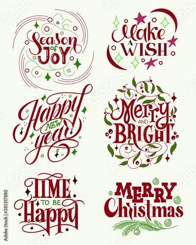 A set of christmas lettering designs. Hand lettered composition for postcards and presents.