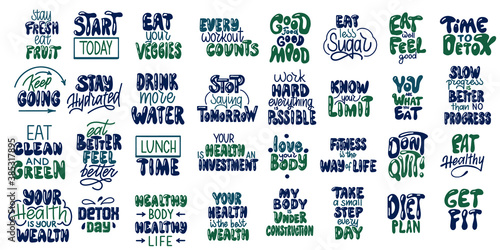 A large set of healthy food, fitness, sugar free and detox motivational lettering design. Inscription for t-shirts, posters and prints