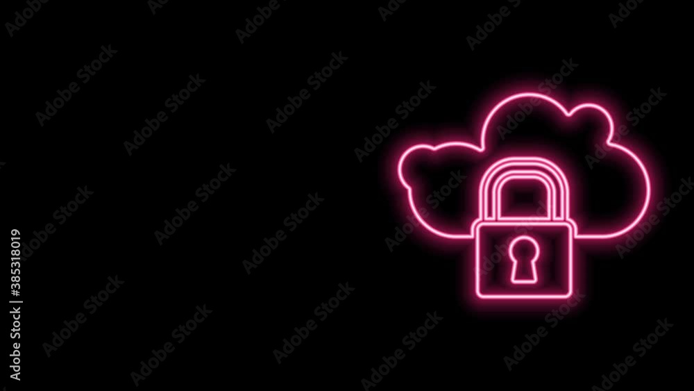 Glowing neon line Cloud computing lock icon isolated on black background. Security, safety, protection concept. Protection of personal data. 4K Video motion graphic animation Glowing neon line Cloud computing lock icon isolated on black background. Security, safety, protection concept. Protection of personal data. 4K Video motion graphic animation