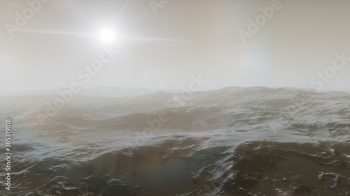 space art with landscape and planets in the sky. Mountains and clouds 3d render
