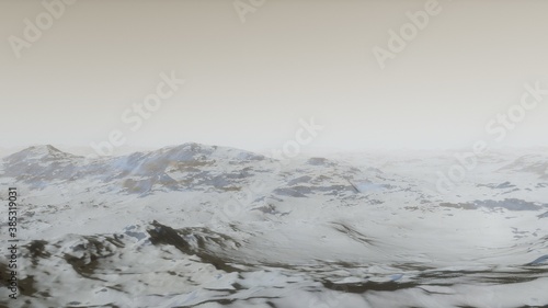 space art with landscape and planets in the sky. Mountains and clouds 3d render