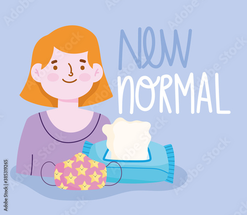 new normal lifestyle, girl cartoon mask and tissue paper