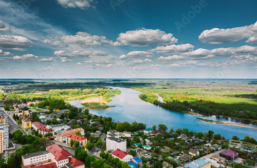 Rechytsa, Belarus. Aerial View Of Residential Houses Skyline Cityscape In Summer Day. Top View. Drone View. Bird's Eye View. photo