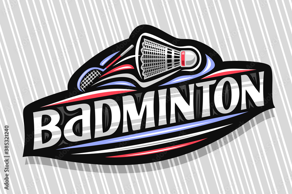 Vector logo for Badminton Sport, dark modern emblem with illustration of flying shuttlecock, unique lettering for grey word badminton, sports sign with decorative flourishes and trendy line art.
