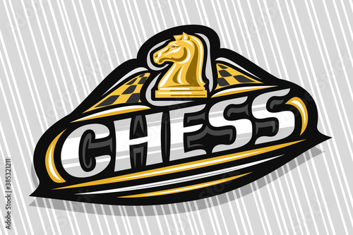 Vector logo for Chess Sport, dark modern emblem with illustration of chess knight on chessboard, unique lettering for grey word chess, sports sign with decorative flourishes and trendy line art.