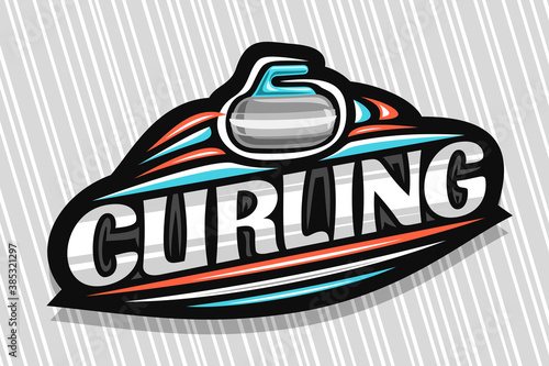 Vector logo for Curling Sport, dark modern emblem with illustration of sliding stone in target, unique lettering for grey word curling, sports sign with decorative flourishes and trendy line art.