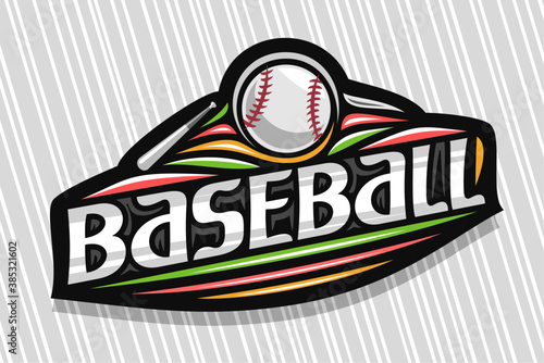 Photography Vector logo for Baseball Sport, dark modern emblem with illustration of flying ball in goal, unique lettering for gray word baseball, sports sign with decorative flourishes and trendy line art
