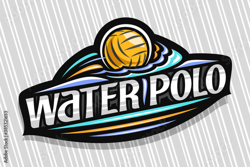 Vector logo for Water Polo Sport, dark modern emblem with illustration of flying ball in goal, unique lettering for grey words water polo, sports sign with decorative flourishes and trendy line art.