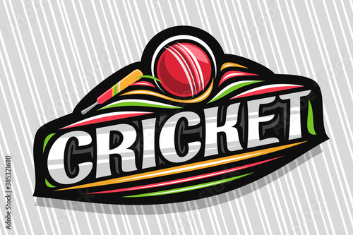 Vector logo for Cricket Sport, dark modern emblem with illustration of flying ball in goal and bat, unique lettering for grey word cricket, sports sign with decorative flourishes and trendy line art.