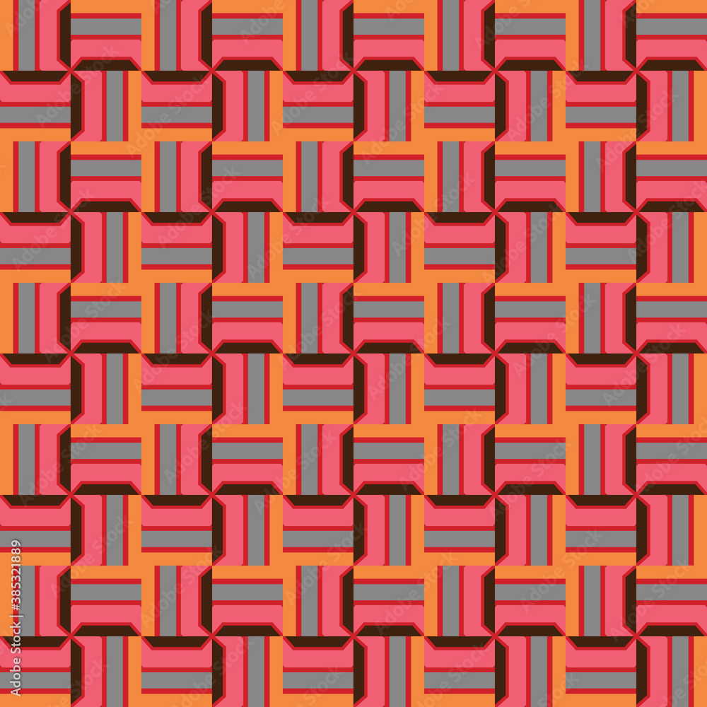 Vector seamless pattern texture background with geometric shapes, colored in pink, red, orange, black, blue colors. Vector seamless pattern texture background with geometric shapes, colored in pink, red, orange, black, blue colors.
