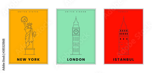 Canvas Print Three minimalist posters of New York, London, Istanbul,wall decor, flat design,p