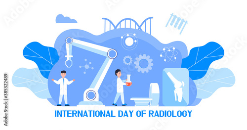 International day of radiology concept vector for medical website, app, blog. Tiny doctors make x-ray scanning. Ultrasound machine