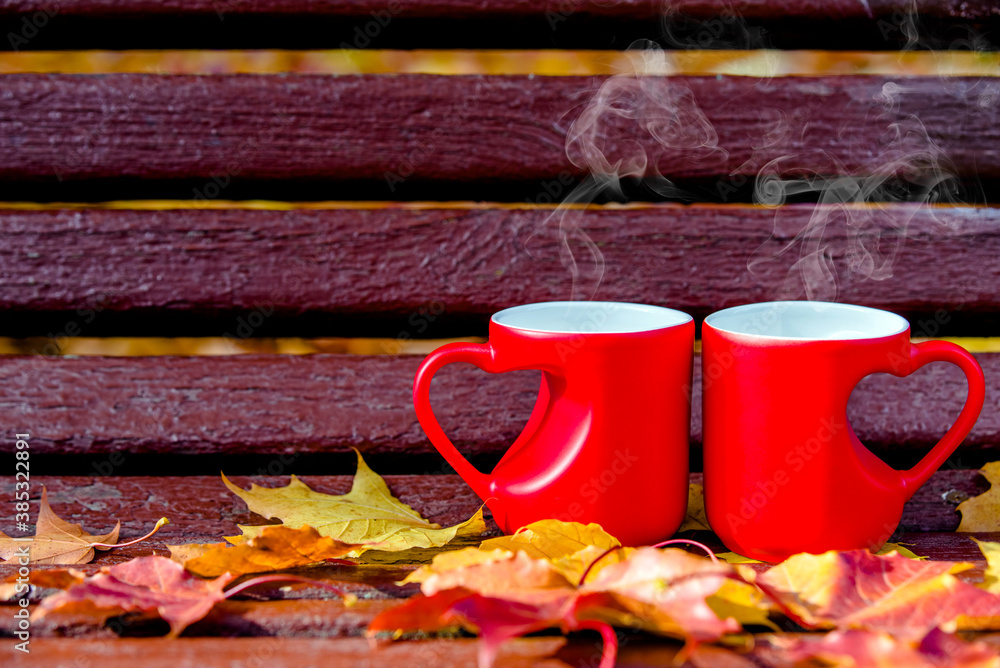two heart shaped mugs with tea on a Park bench
two heart shaped mugs with tea on a Park bench