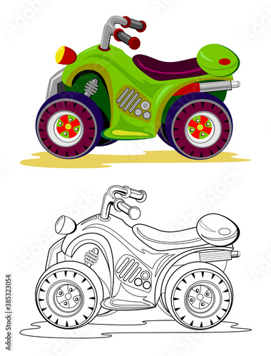 Colorful and black and white template for coloring. Cute toy quad bike model. Illustration for boys. Worksheet for kids. Coloring book for children and adults. Flat cartoon vector.