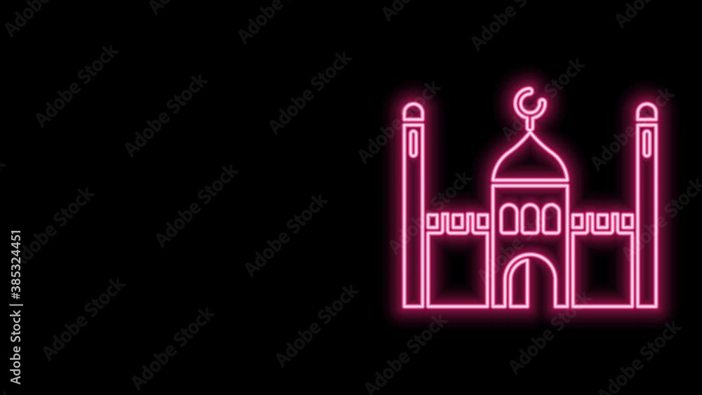 Glowing neon line Muslim Mosque icon isolated on black background. 4K Video motion graphic animation Glowing neon line Muslim Mosque icon isolated on black background. 4K Video motion graphic animation