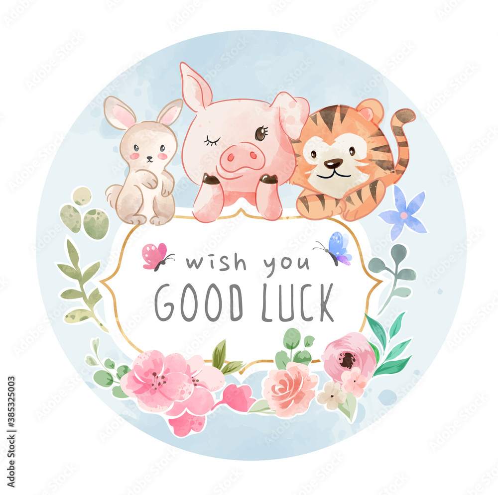 Good Luck Sign with Cute Animal Friendship with Colorful Flowers Illustration