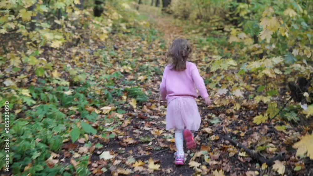 Girl in slow motion runs along the trail in the autumn forest Girl in slow motion runs along the trail in the autumn forest