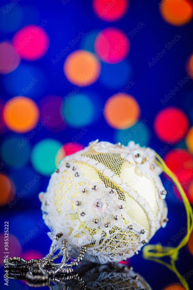 christmas ball on the blue background, christmas greeting card, copy space