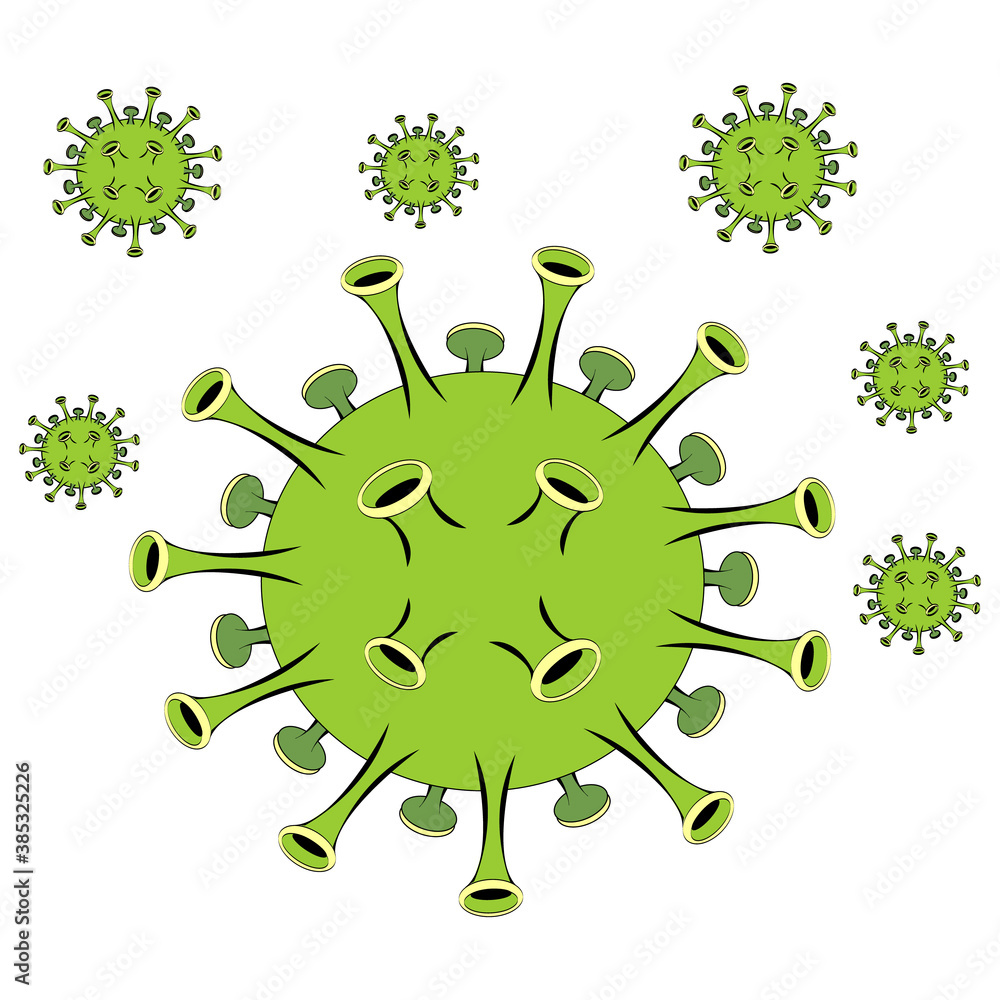 Green coronavirus infection bacterium vector illustration, close-up