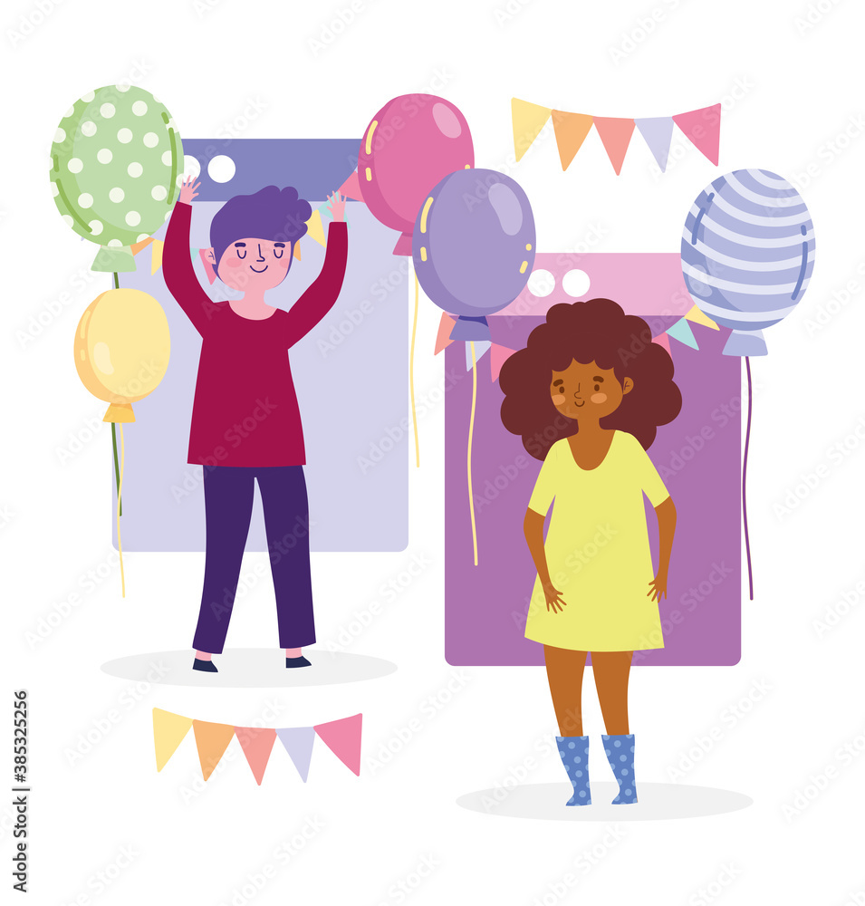 online party, young cartoon man and woman website balloons decoration and celebration online party, young cartoon man and woman website balloons decoration and celebration