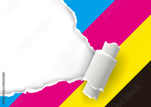 Ripped paper with print colors. 
Ripped paper with place for your image or text. Concept for presenting color printing. Vector available.