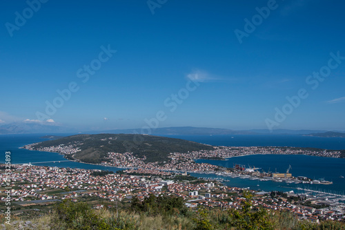 TROGIR, CROATIA, June 2020. Aerial view of Trogir and Čiovo island in Dalmatia. Adriatic sea and clear blue sky.