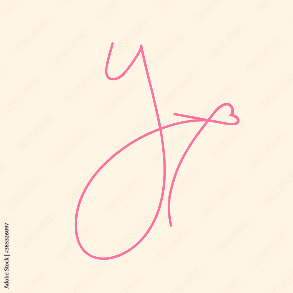 Letter y logo.Calligraphic icon isolated on light background. Lettering sign with heart shape outline. Pink lowercase alphabet initial.Elegant, feminine, wedding script character shape. Letter y logo.Calligraphic icon isolated on light background. Lettering sign with heart shape outline. Pink lowercase alphabet initial.Elegant, feminine, wedding script character shape.