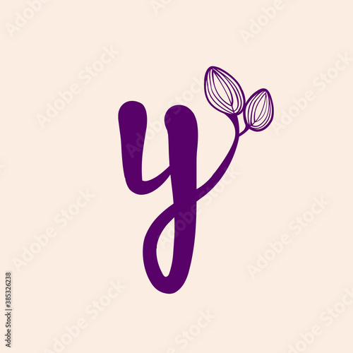 Letter y logo.Typographic icon isolated on light background.Script lettering sign with flower bud shapes. Alphabet initial.Fresh hand drawn style calligraphy for ecological, natural brand.