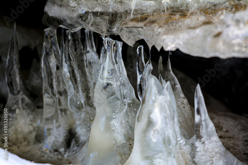 Ice forms pillars beneath an upheaved sheet of ice at Copper Falls State Park