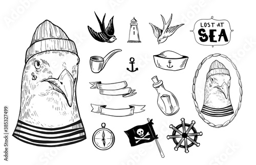 Seagull in a sailor suit. Hand drawn illustration converted to vector. Prints for T-shirts. Tattoo sketch.
