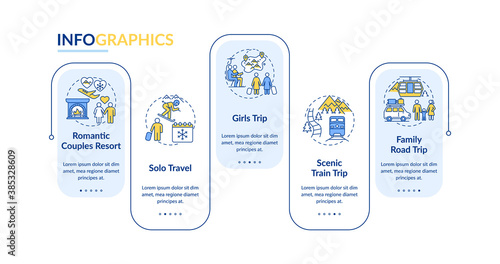 Winter trip ideas vector infographic template. Girls-only, family road travel presentation design elements. Data visualization with 5 steps. Process timeline chart. Workflow layout with linear icons