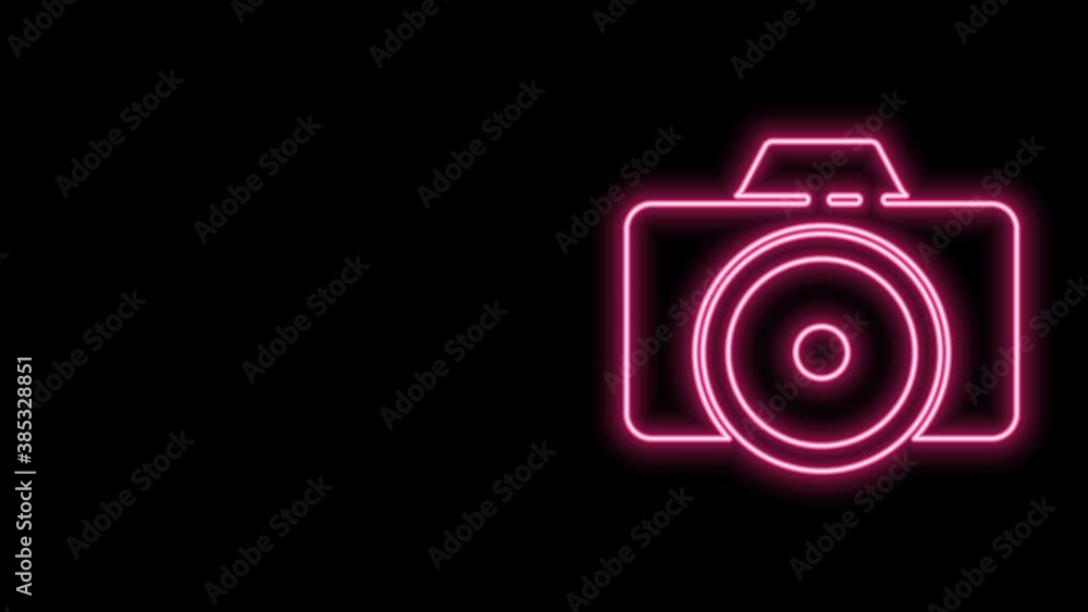 Glowing neon line Photo camera icon isolated on black background. Foto camera icon. 4K Video motion graphic animation Glowing neon line Photo camera icon isolated on black background. Foto camera icon. 4K Video motion graphic animation