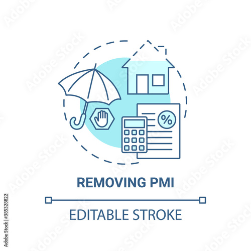 Removing PMI concept icon. Mortgage refinance benefit idea thin line illustration. PMI removal calculator. Private mortgage insurance. Vector isolated outline RGB color drawing. Editable stroke