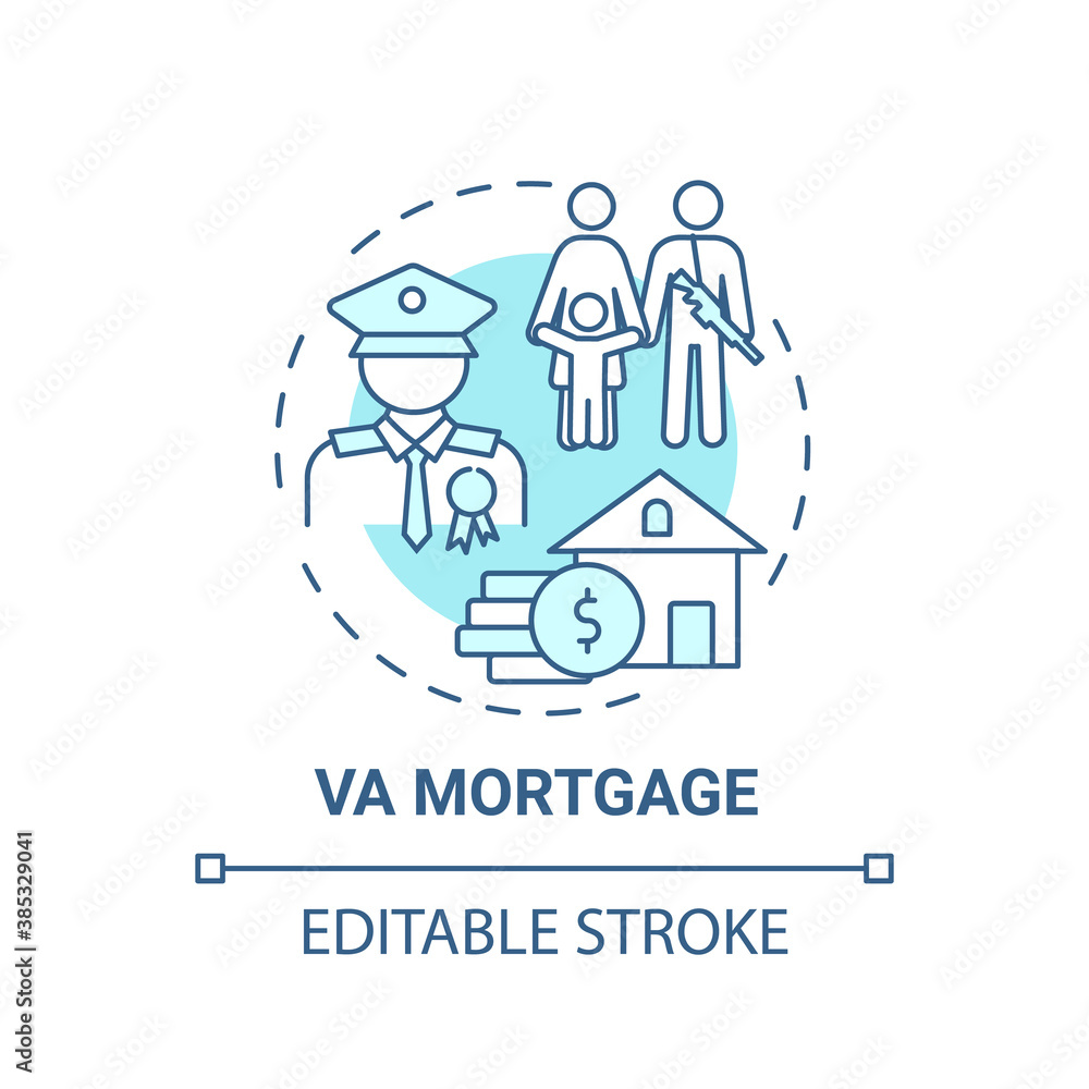 VA mortgage concept icon. Veterans affairs type idea thin line illustration. Direct home loan. Military benefits. Refinance rate. Vector isolated outline RGB color drawing. Editable stroke