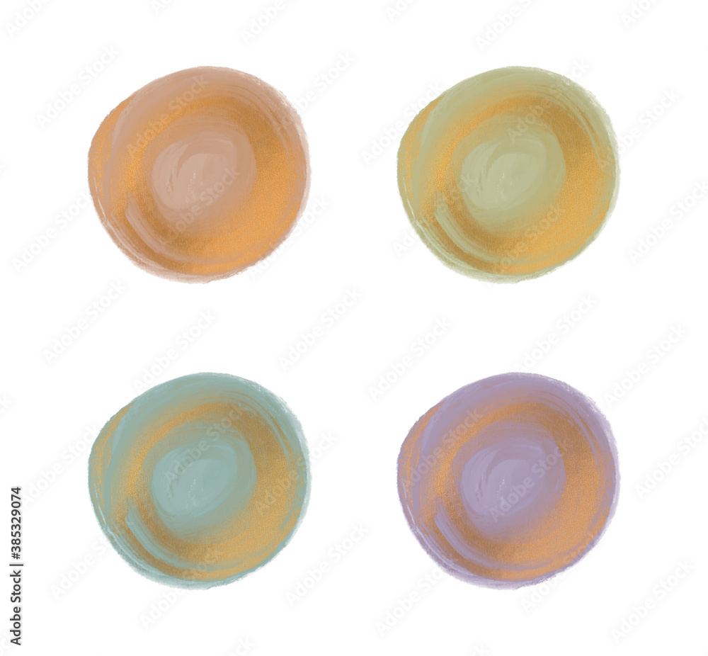 Round watercolor brush stroke with gold glitter texture shapes Stock
