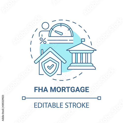 FHA mortgage concept icon. Federal housing administration type idea thin line illustration. Home purchase. Federally-backed mortgages. Vector isolated outline RGB color drawing. Editable stroke