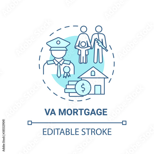 VA mortgage concept icon. Veterans affairs type idea thin line illustration. Direct home loan. Military benefits. Refinance rate. Vector isolated outline RGB color drawing. Editable stroke
