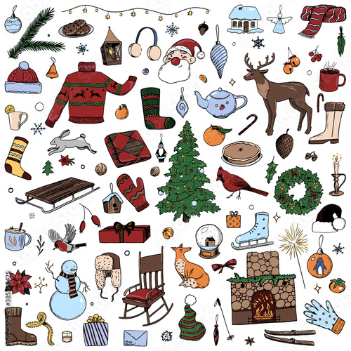 Winter time doodles collection. Hand drawn vector illustrations. Cartoon drawings of clothing, animals, holidays accessories, foods, cozy items. Colored vintage elements isolated on white for design.