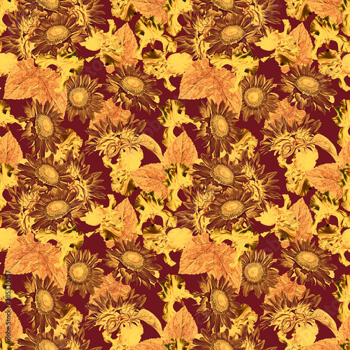 Sunflowers with irisflowers seamless pattern. Watercolor illustration, handpainted art. photo