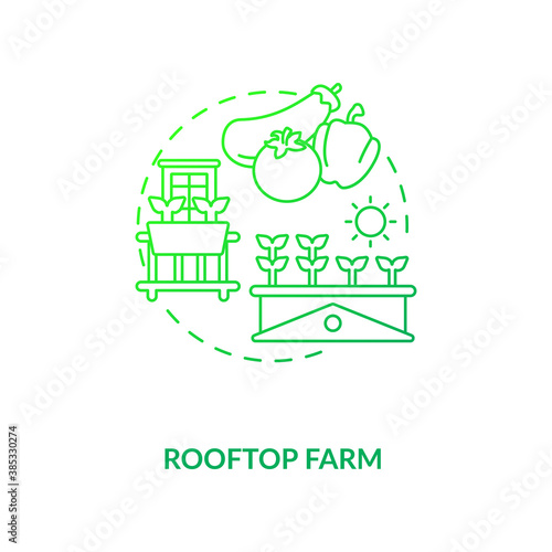 Rooftop farm concept icon. Futuristic inovative gardening options. City buildings rooftops food fields. Urban farming idea thin line illustration. Vector isolated outline RGB color drawing