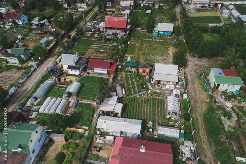 Aerial Townscape of Suburban Village Sosnoviy Bor located in Northwestern Russia on the Kola Peninsula near the town Kandalaksha