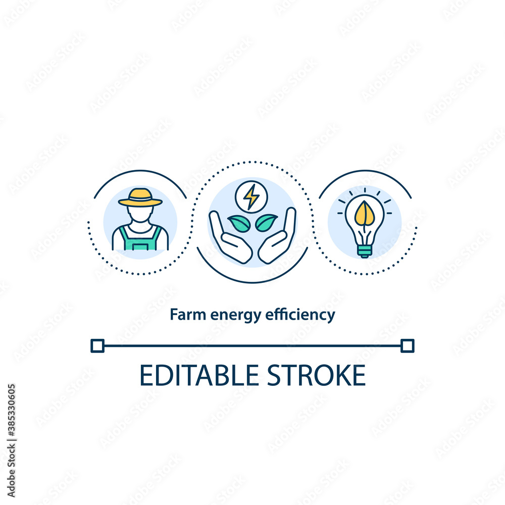 Farm energy efficiency concept icon. Alternative farming system idea thin line illustration. Agricultural practices. Renewable power. Vector isolated outline RGB color drawing. Editable stroke