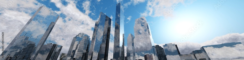 City of skyscrapers against the sky, modern city at sunset with clouds, 3D rendering