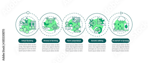 Agriculture innovation vector infographic template. Urban farming presentation design elements. Data visualization with 5 steps. Process timeline chart. Workflow layout with linear icons