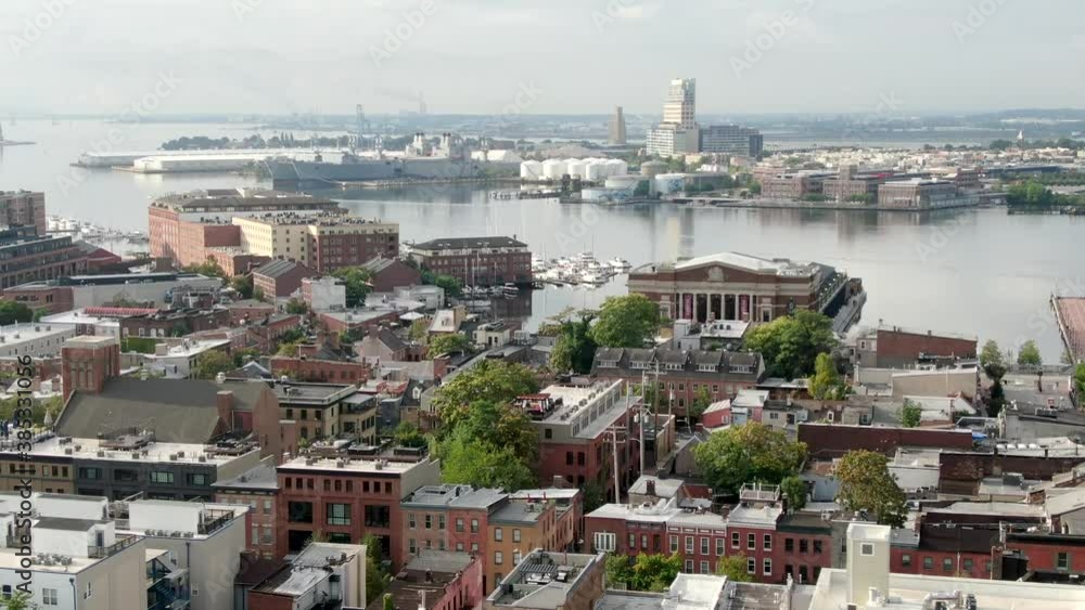Establishing shot of Fells Point at Baltimore Inner Harbor, Chesapeake Bay at Patapsco River in