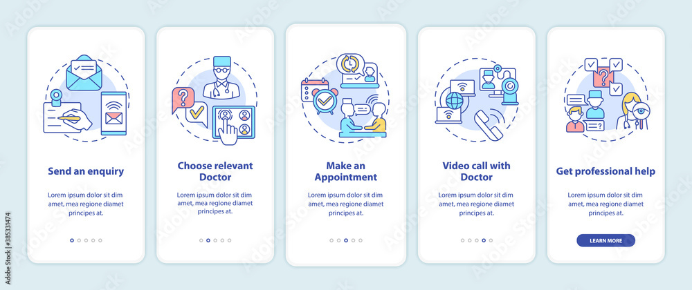 Telemedical consultation steps onboarding mobile app page screen with concepts. Remote medicine walkthrough 5 steps graphic instructions. UI vector template with RGB color illustrations Telemedical consultation steps onboarding mobile app page screen with concepts. Remote medicine walkthrough 5 steps graphic instructions. UI vector template with RGB color illustrations