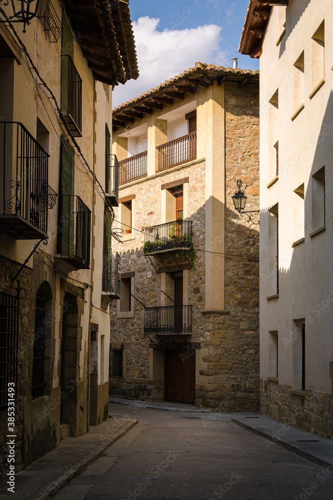 Traditional stone buildings on the streets of Rubielos de Mora, Teruel, Spain