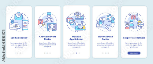 Telemedical consultation steps onboarding mobile app page screen with concepts. Remote medicine walkthrough 5 steps graphic instructions. UI vector template with RGB color illustrations