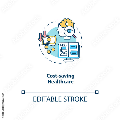 Cost saving healthcare concept icon. Telemedicine benefits. Money saving health care technology. Future hospital idea thin line illustration. Vector isolated outline RGB color drawing. Editable stroke