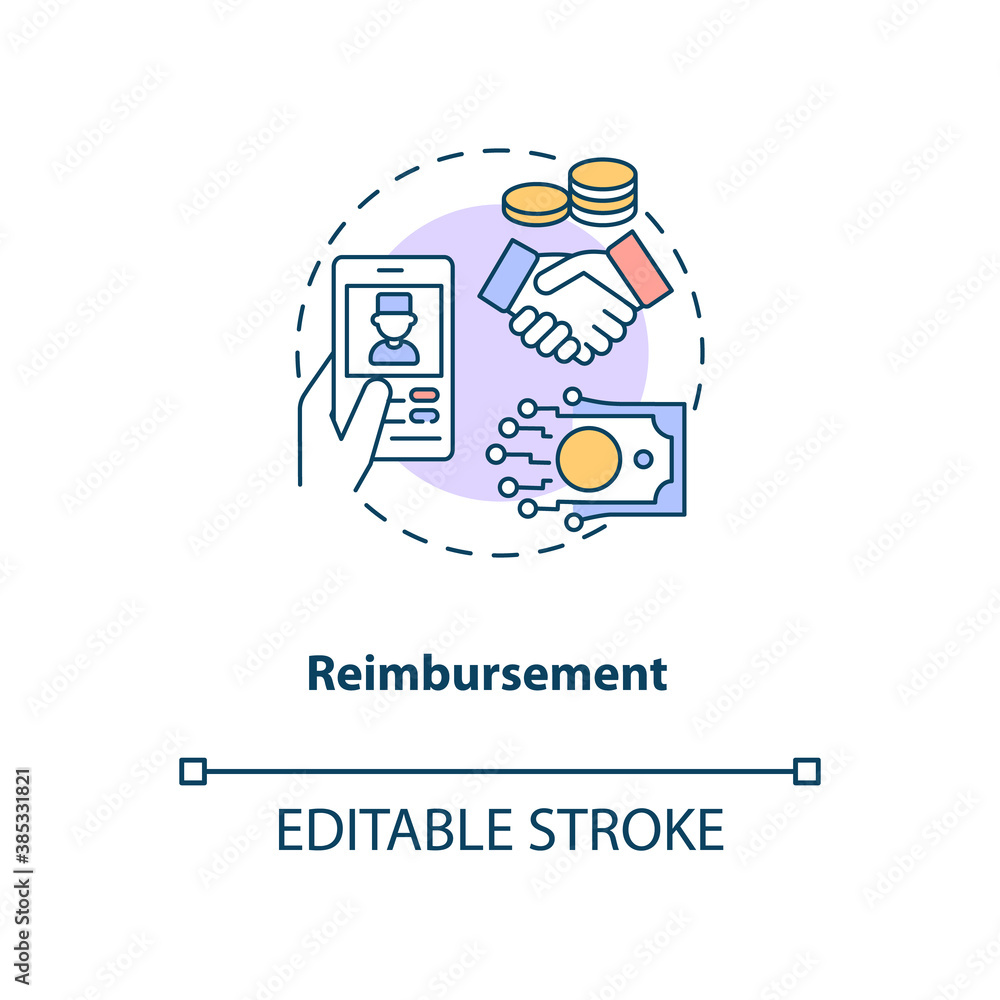 Naklejka premium Reimbursement concept icon. Telemedicine challenges. Future healthcare payment. Medical treatment idea thin line illustration. Vector isolated outline RGB color drawing. Editable stroke